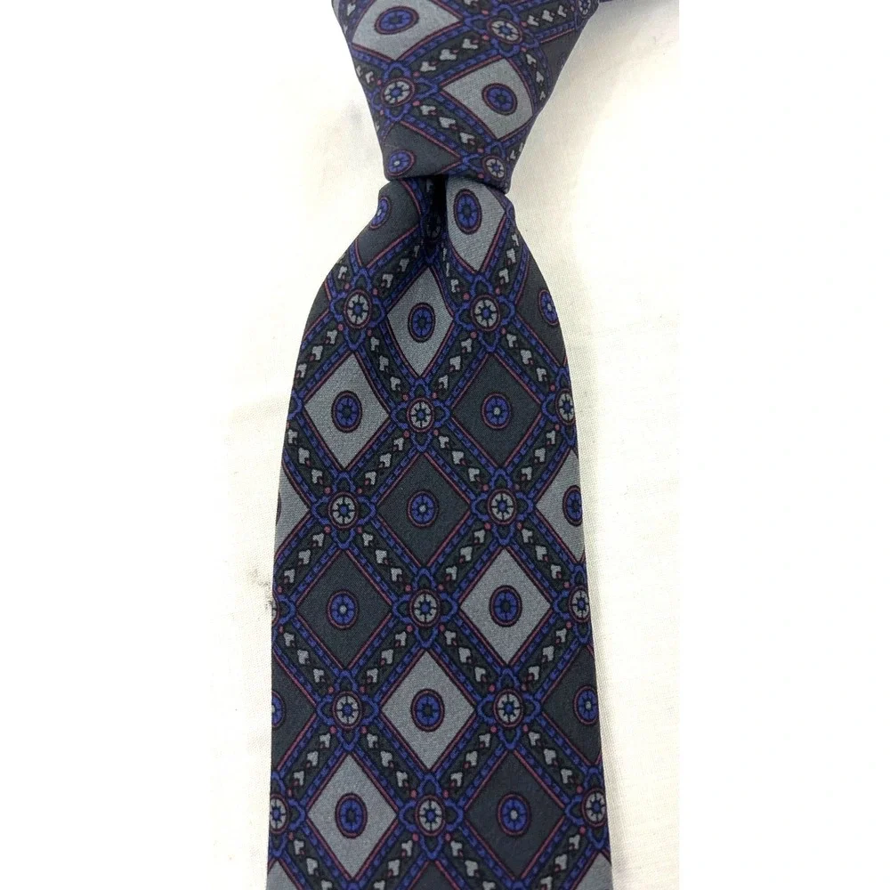 BALLY Silk Mens Blue  Skinny Tie Geometric Pattern Imported 58